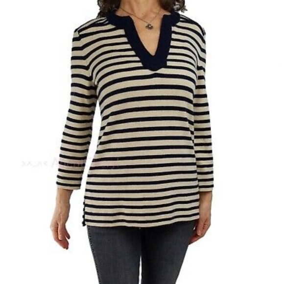 Tory Burch Cashmere Lizzie Navy Tan Nautical Stripe Tunic Top - Picture 1 of 8
